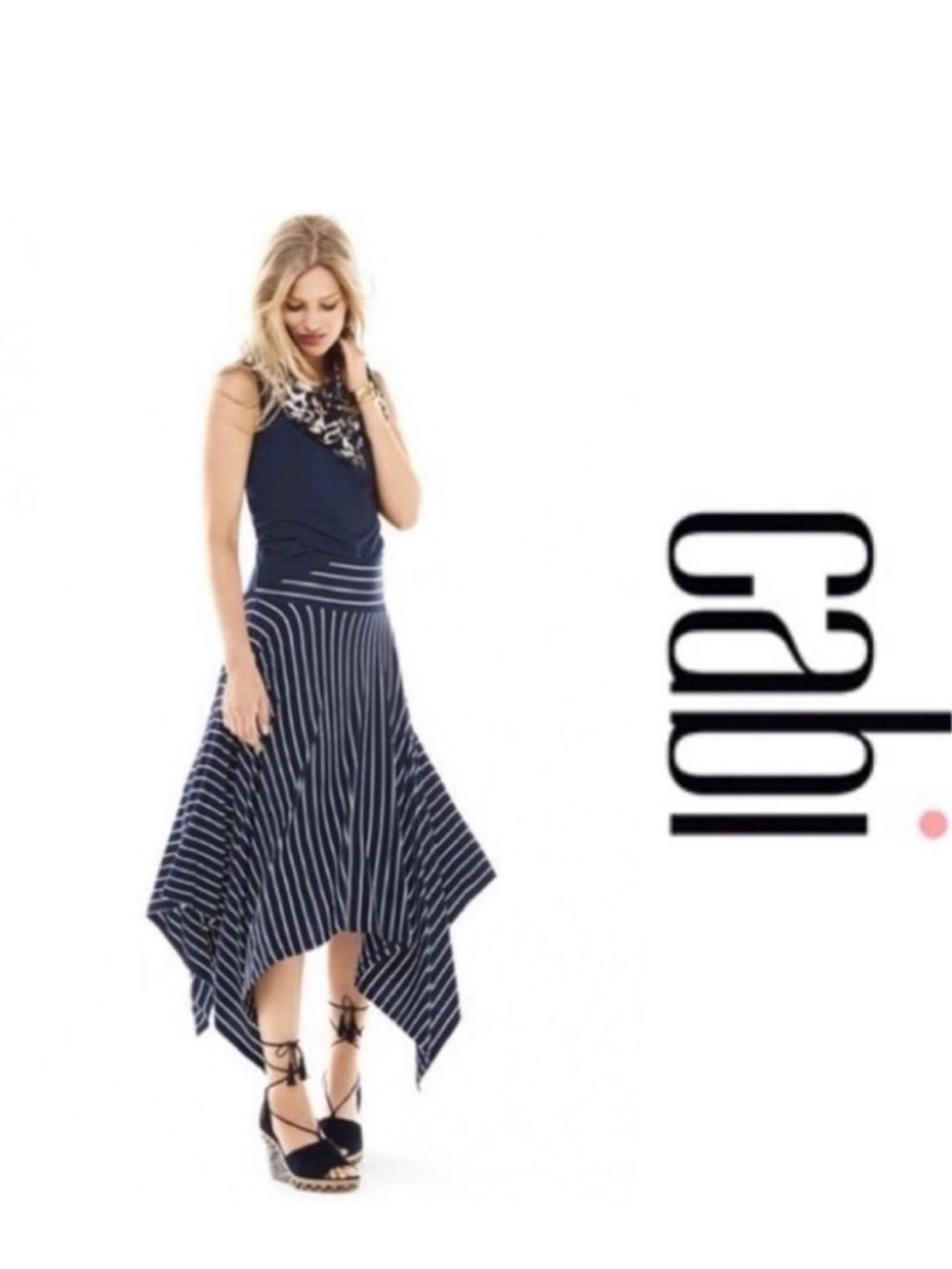 CAbi Navy and White Asymmetrical Handkerchief Hem Skirt #5183